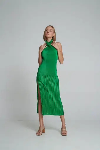 Lidee Soiree Halter Midi Dress in Bright Green