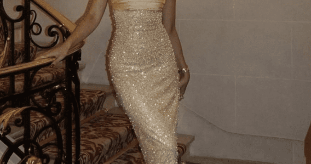 lainey gold satin maxi dress Lainey Gold Satin Sequin Pearls Beaded Maxi Dress#misscircle #alleyesonme #sparkledress #holidayoutfit