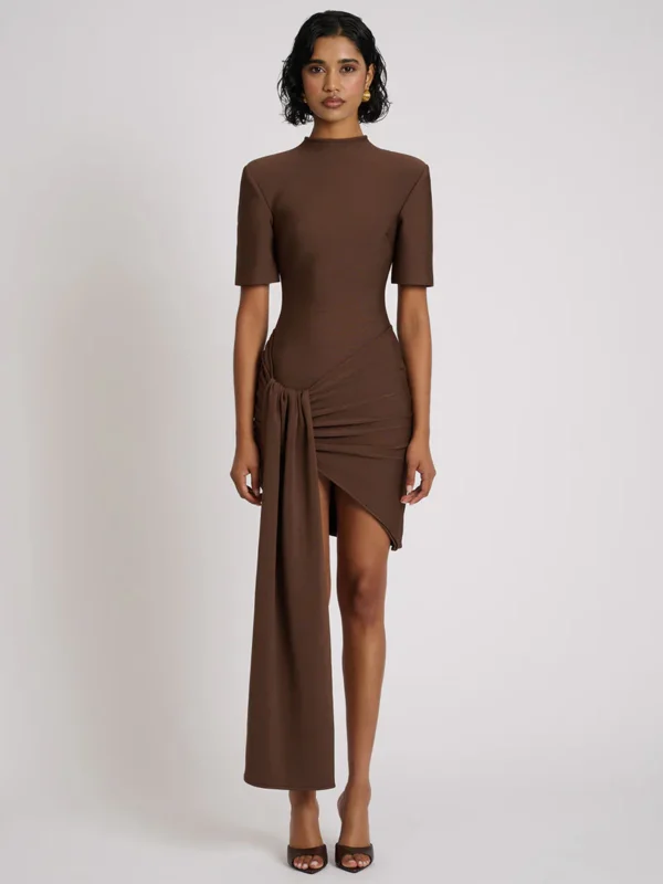 10008-Eloise Bandage Mini Dress With Shoulder Pads Train Front View