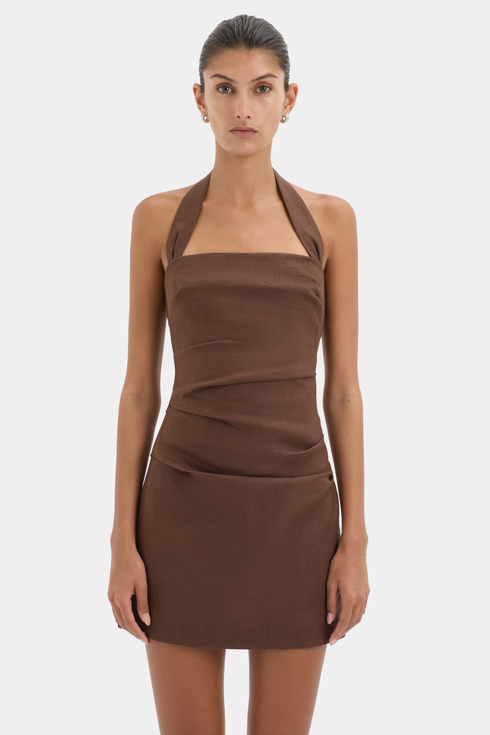 9558-S50-SIR224-1101 Noemi Halter Mini Dress CHOCOLATE-25969-Sir The Label-0607