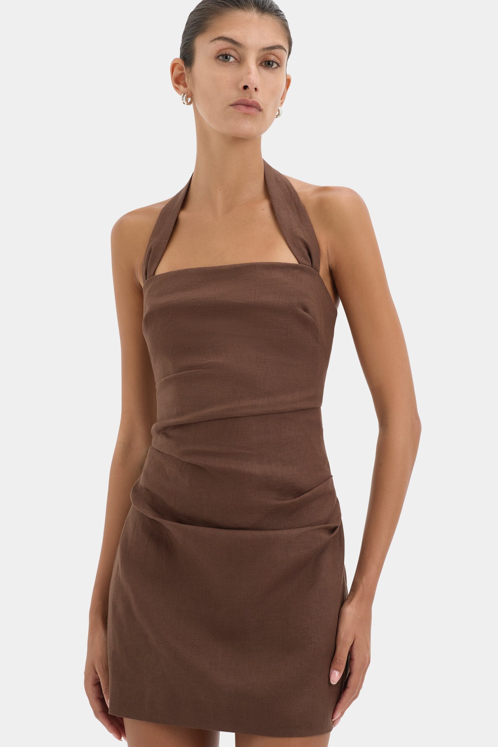 9558-S50-SIR224-1101 Noemi Halter Mini Dress CHOCOLATE-25969-Sir The Label-0612