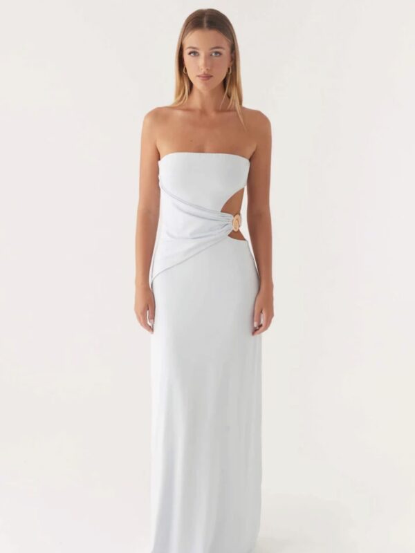 Peppermayo plae blue dress with cutout and gold shell.