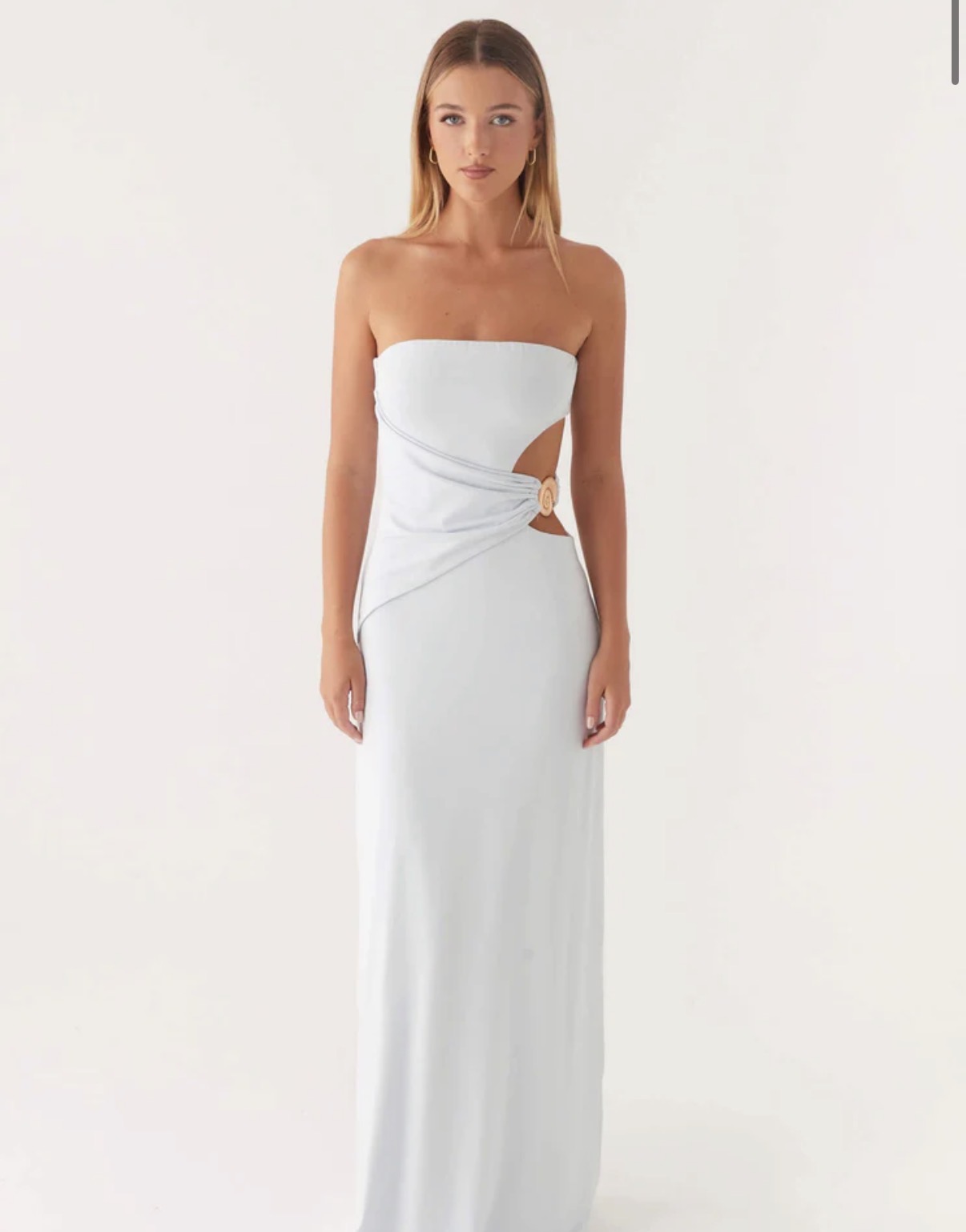 Peppermayo plae blue dress with cutout and gold shell.