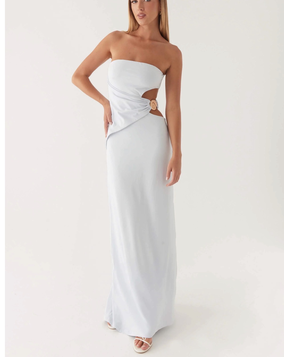 Peppermayo plae blue dress with cutout and gold shell.