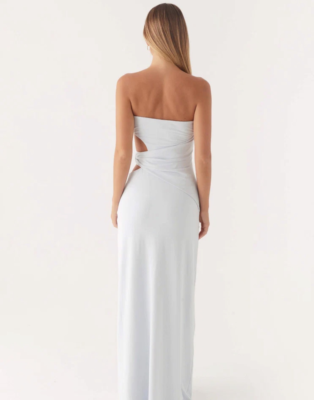 Peppermayo plae blue dress with cutout and gold shell back view.
