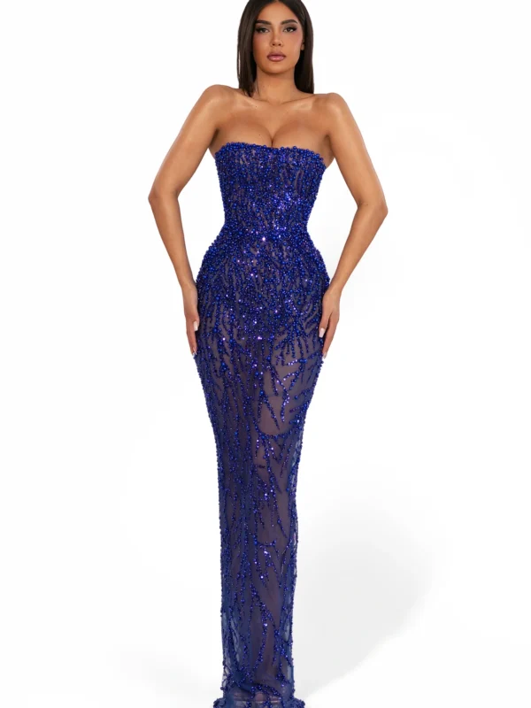 albina dyla blue embellished dress with leaf corset Blue Embellished Dress with Leaf Corset by Albina Dyla For Hire