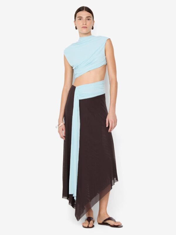 2054-Bec and Bridge Conni Asym Midi Dress Artic Blue and Dark Choc 1