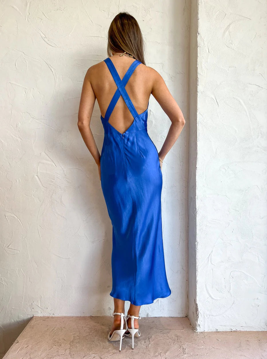 2054-Shona Joy Oliviera Plunge Cross Back Midi Dress Strong Blue 2