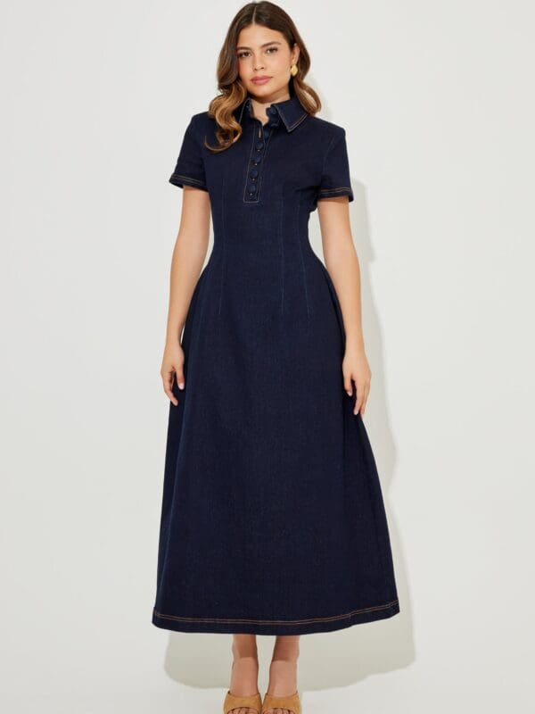 2054-The Ultimate Muse Denim Collared Midi Dress 2