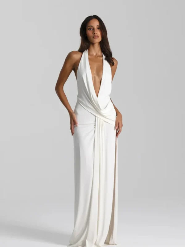 5285-Winona Gown White by Natalie Rolt a draped halter gown with open back and side split. Perfect for formal evening events.
