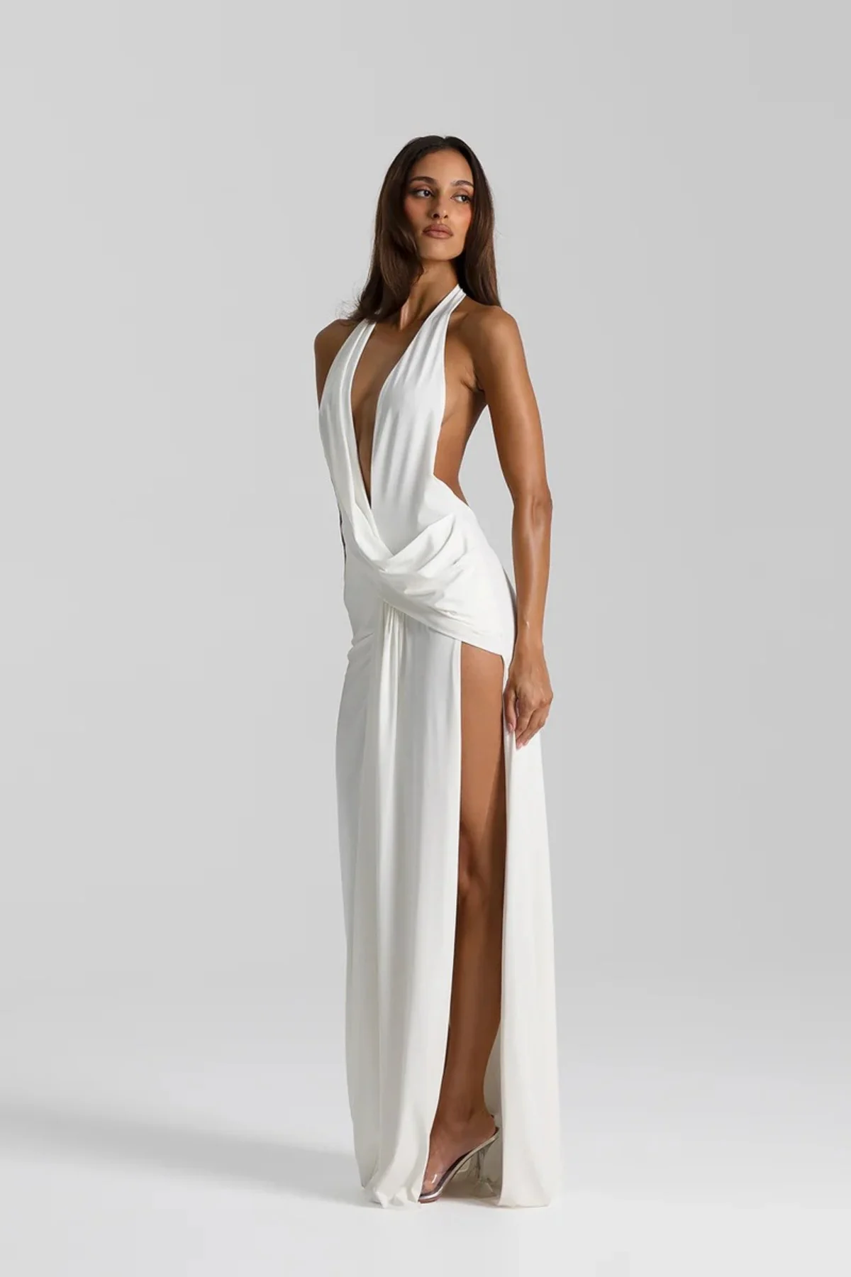 5285-Winona Gown White by Natalie Rolt a draped halter gown with open back and side split. Perfect for formal evening events.2