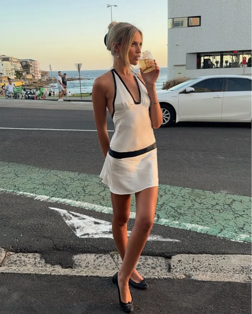Asta Resort Celine Hand Beaded Mini Dress – Salt/Black Photo