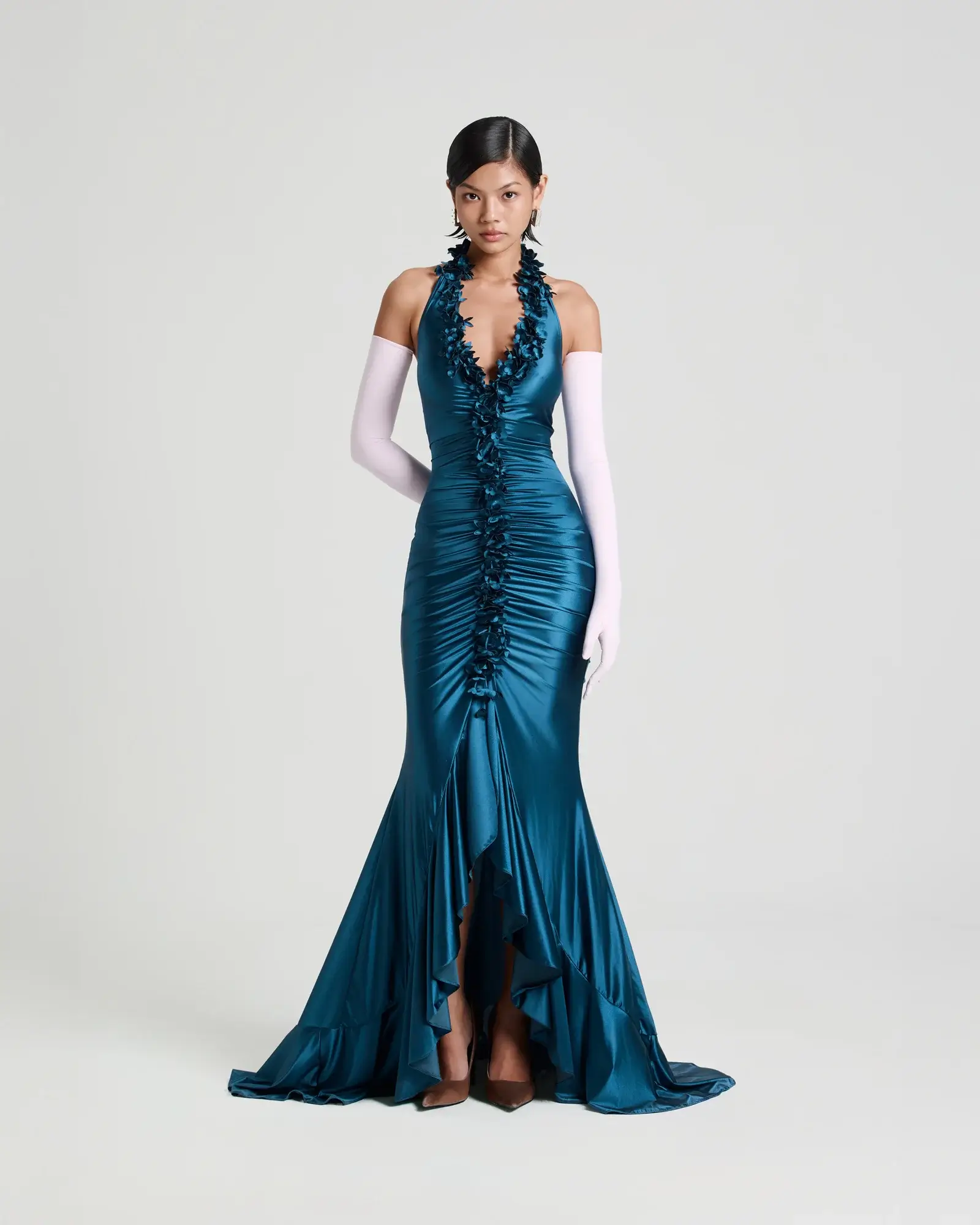 9493-gianni-floral-halter-ruched-dress-hire-adelaide