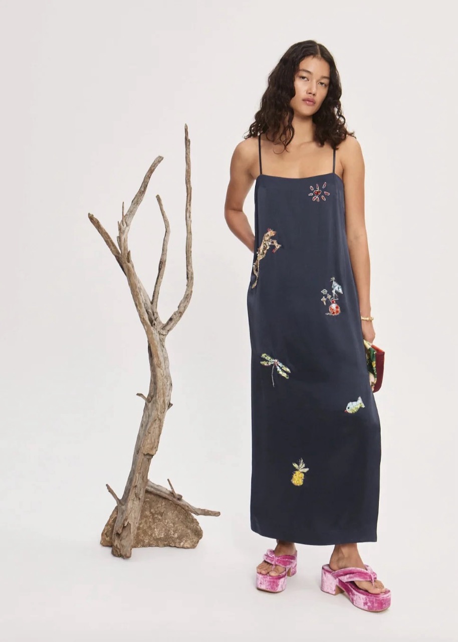 626-Alemais Black slip dress with embroidered designs 2 Large