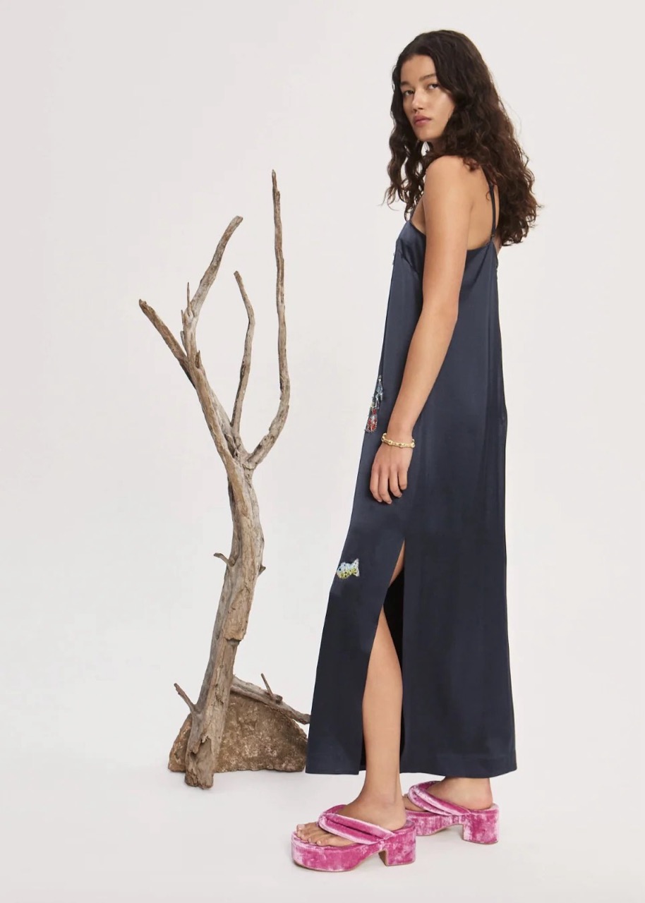 626-Alemais Black slip dress with embroidered designs 3 Large