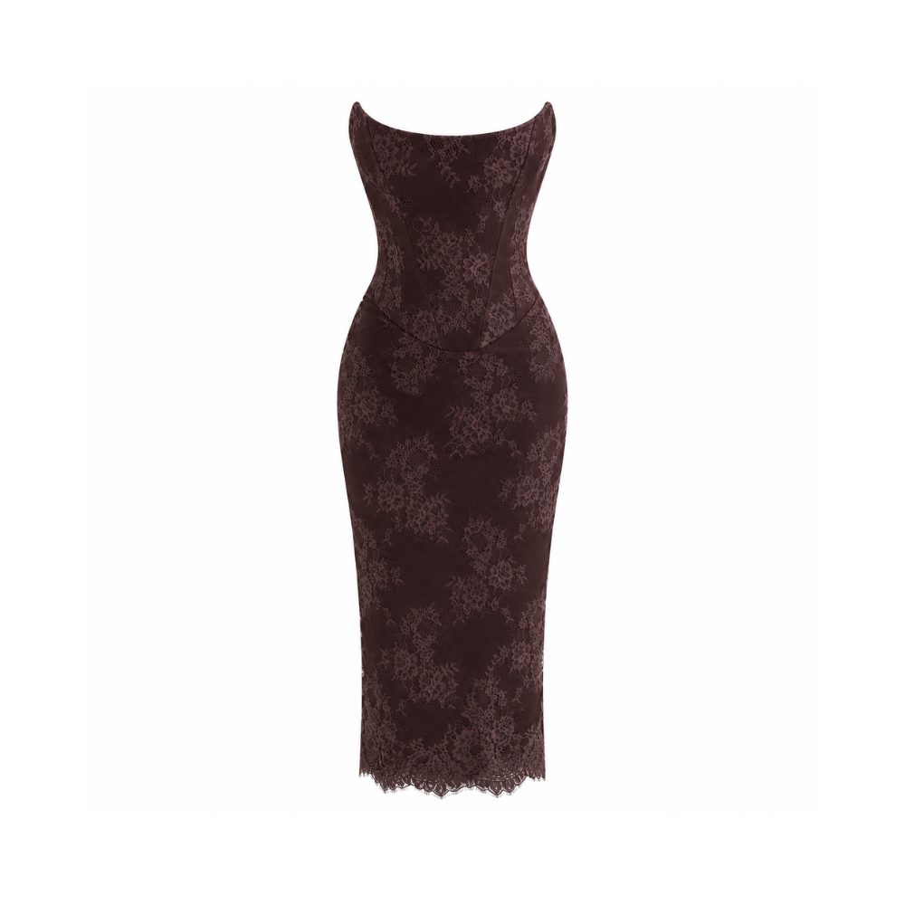 9988-House of CB Larra Dress Bitter Chocolate Lace Corset Midi Bolero