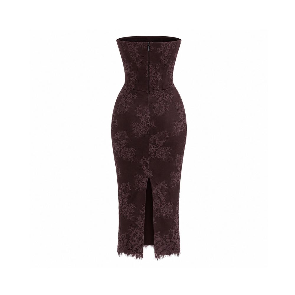 9988-House of CB Larra Dress Bitter Chocolate Lace Corset Midi Bolero BACK