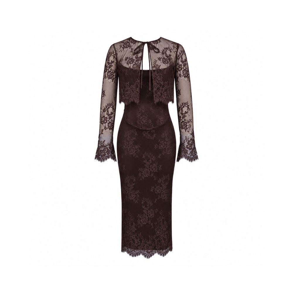 9988-House of CB Larra Dress Bitter Chocolate Lace Corset Midi Bolero SET