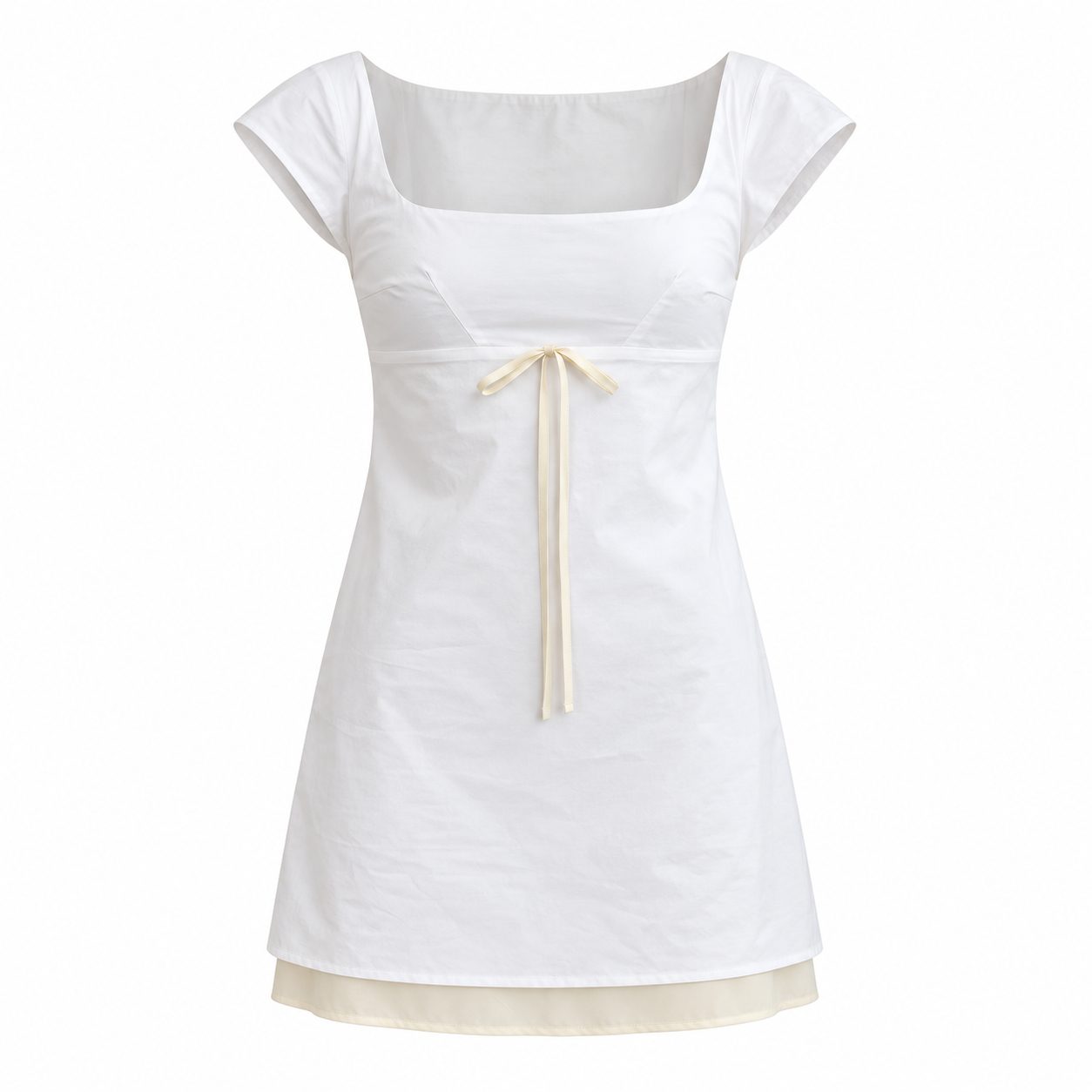 9988-Ivory Cotton Mini Dress with Ribbon Bow